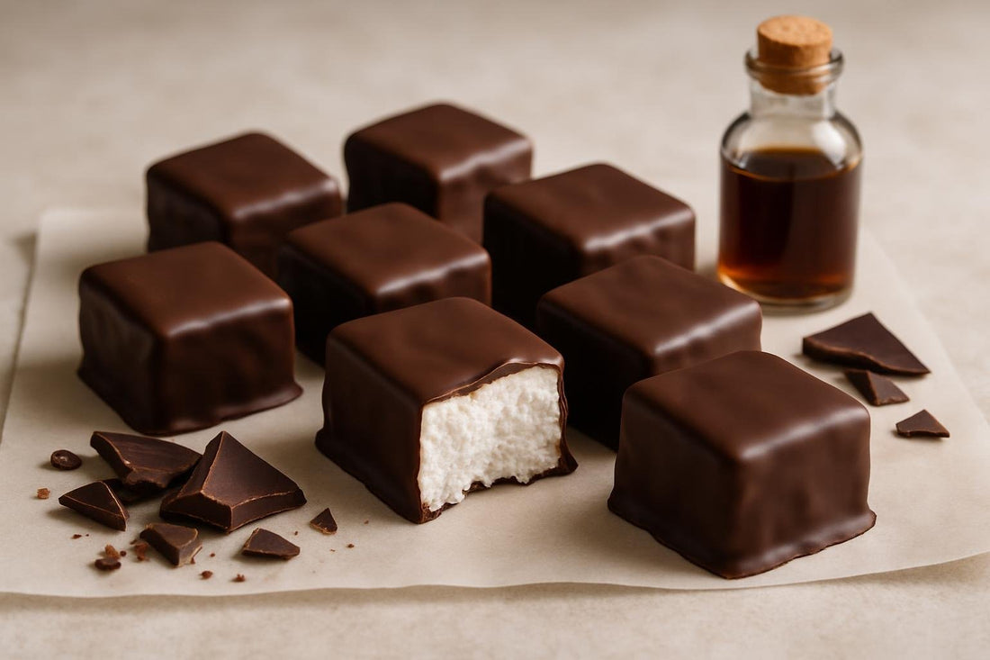 Homemade chocolate dipped marshmallow squares on parchment