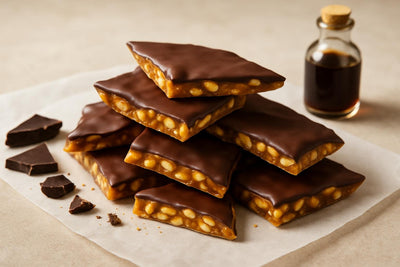 Shards of chocolate dipped peanut brittle on parchment