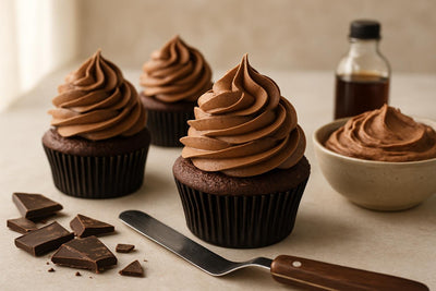 Cupcakes piped with chocolate ermine frosting