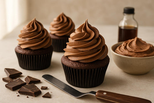 Cupcakes piped with chocolate ermine frosting