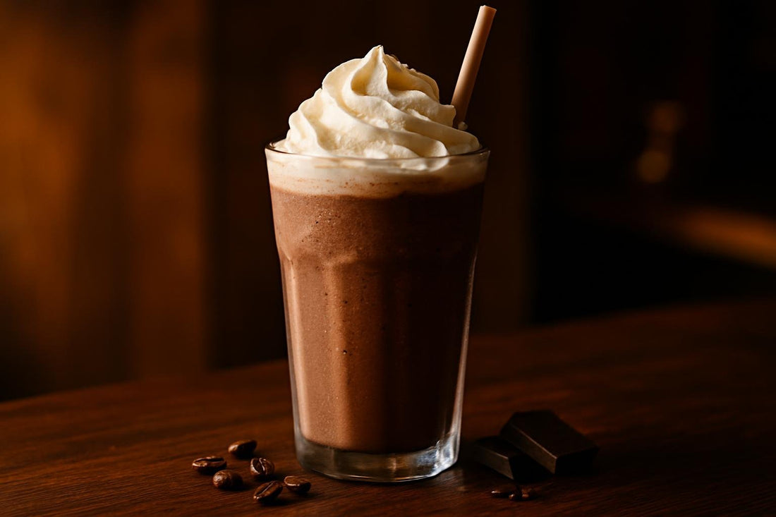 Chocolate Frappé in a glass on an oak bar