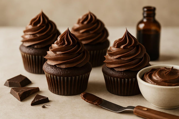 Cupcakes piped with chocolate fudge frosting