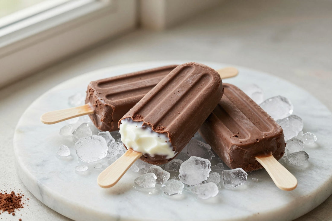 Three chocolate fudge pops on a bed of crushed ice on a light marble surface, one with a bite taken out