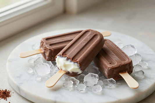 Three chocolate fudge pops on a bed of crushed ice on a light marble surface, one with a bite taken out