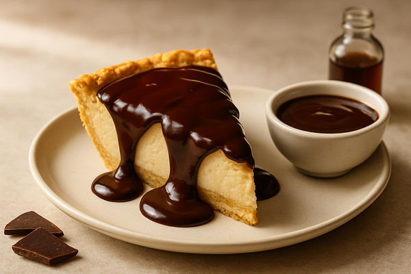 Slice of pie with chocolate fudge sauce