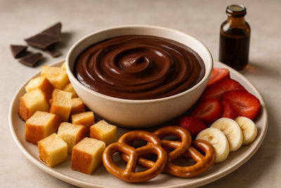 Bowl of chocolate ganache dip with brioche, pretzels and fruit