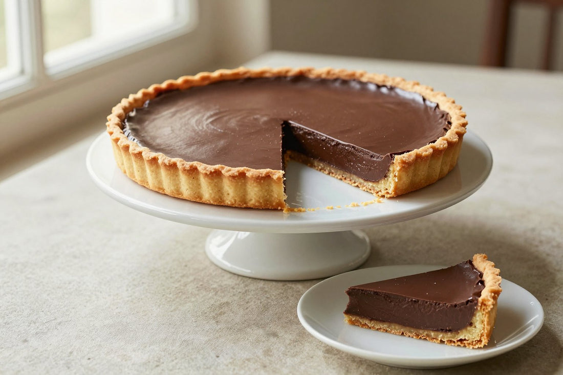 A chocolate ganache tart on a cake stand with one slice cut out and served on a small plate