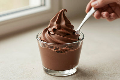 A generous swirl of chocolate gelato in a small glass cup with a flat gelato spade