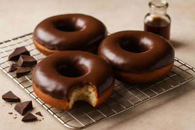 Doughnuts finished with chocolate glaze on a cooling rack