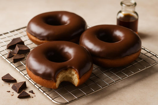 Doughnuts finished with chocolate glaze on a cooling rack