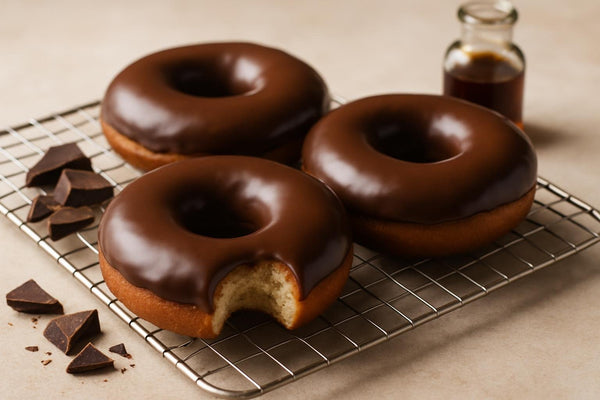 Doughnuts finished with chocolate glaze on a cooling rack