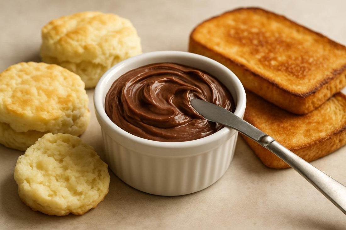 Chocolate Hazelnut Butter in a crock with warm biscuits