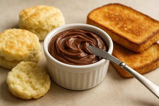 Chocolate Hazelnut Butter in a crock with warm biscuits