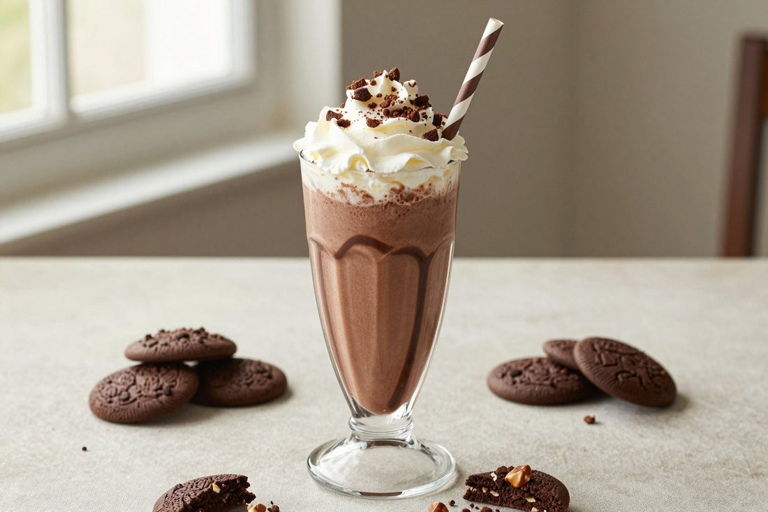 Chocolate Hazelnut Cookie Milkshake in a glass