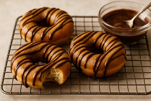 Doughnuts finished with chocolate hazelnut drizzle on a cooling rack