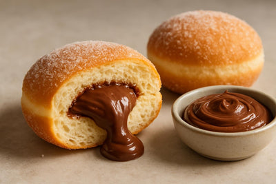 Filled doughnut cut open to show chocolate hazelnut filling