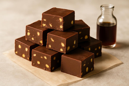 Squares of chocolate hazelnut fudge on parchment