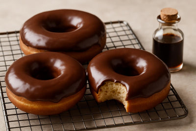 Doughnuts finished with chocolate hazelnut glaze on a cooling rack