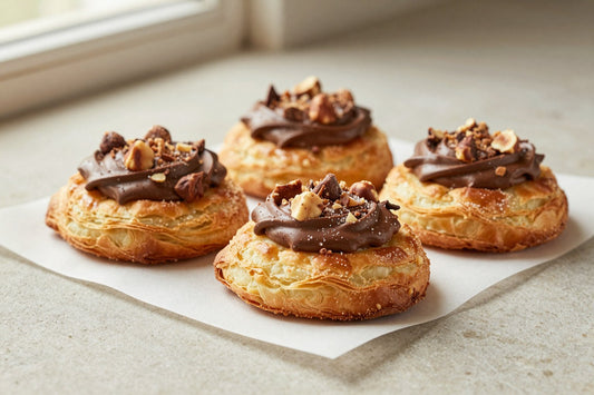 Chocolate hazelnut puff pastry on parchment, showing crisp, flaky, deep golden layers