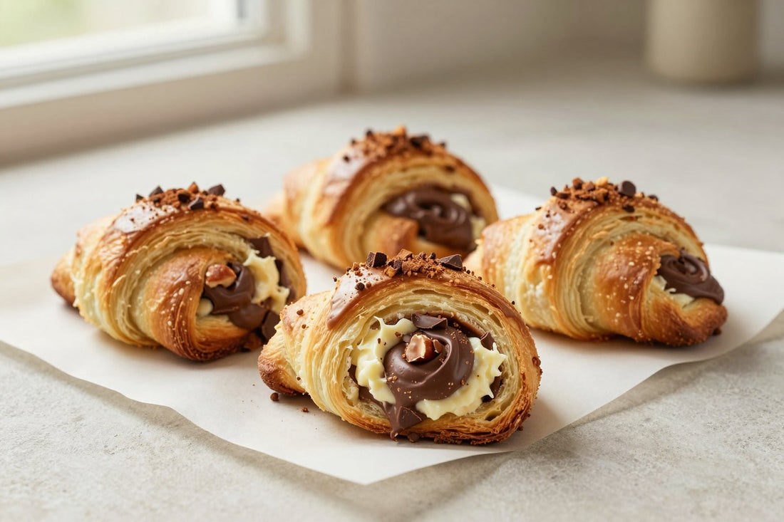 Crescent-shaped chocolate hazelnut rugelach on parchment, the filling spiraled inside