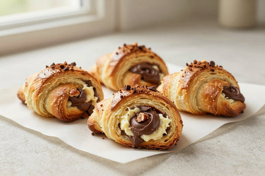 Crescent-shaped chocolate hazelnut rugelach on parchment, the filling spiraled inside