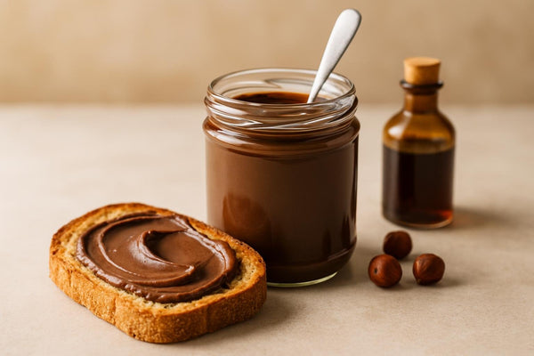 Jar of chocolate hazelnut spread with toast