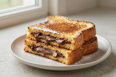 A stack of thick golden slices of chocolate hazelnut stuffed french toast on a plate, dusted with powdered sugar