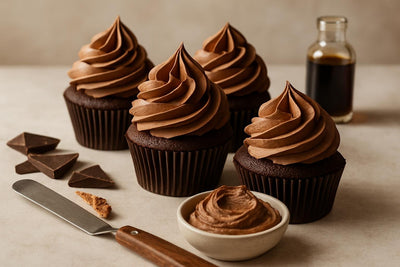 Cupcakes piped with chocolate Italian meringue buttercream frosting