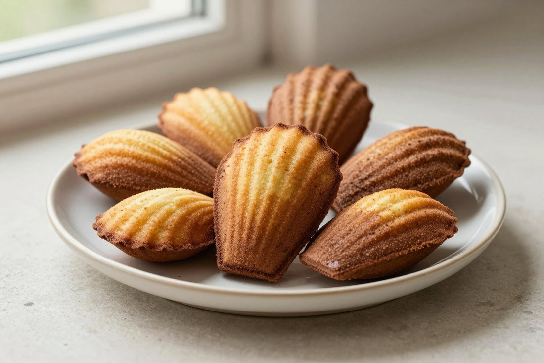 Shell-shaped chocolate madeleines on a plate, showing their golden humps and ridged sides