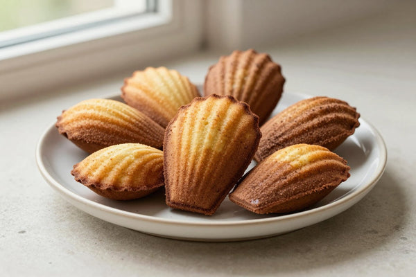 Shell-shaped chocolate madeleines on a plate, showing their golden humps and ridged sides