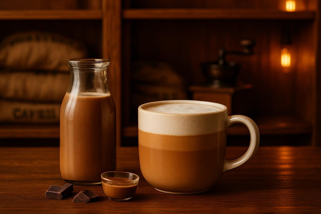 Chocolate Mocha Creamer in a ceramic mug on an oak bar