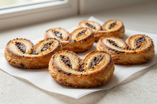Chocolate palmiers on parchment, showing crisp, flaky, deep golden layers
