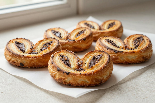 Chocolate palmiers on parchment, showing crisp, flaky, deep golden layers