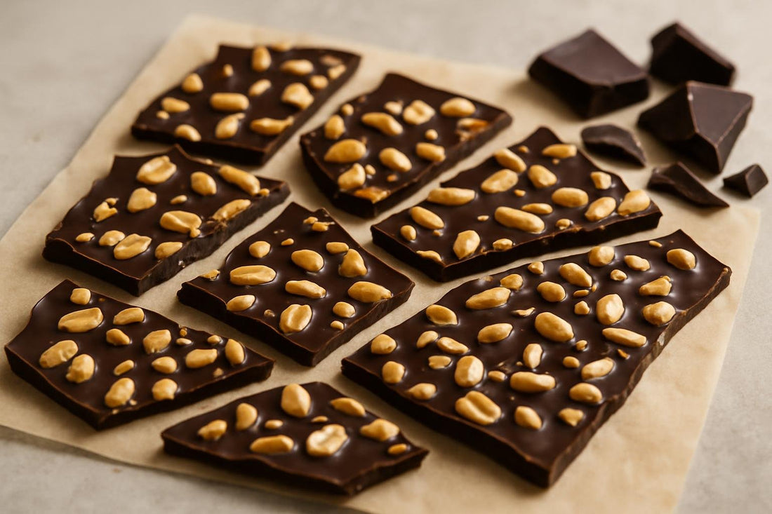 Shards of chocolate peanut bark on parchment