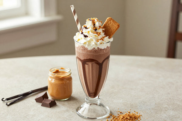 Chocolate Peanut Butter Cheesecake Milkshake in a glass