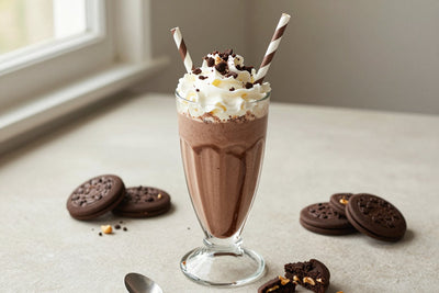 Chocolate Peanut Butter Cookie Milkshake in a glass