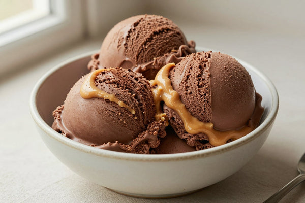 Two generous scoops of chocolate peanut butter ice cream in a shallow ceramic bowl, softly melting at the edges