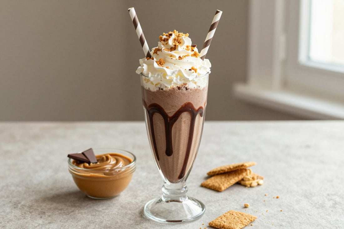Chocolate Peanut Butter Pie Milkshake in a glass
