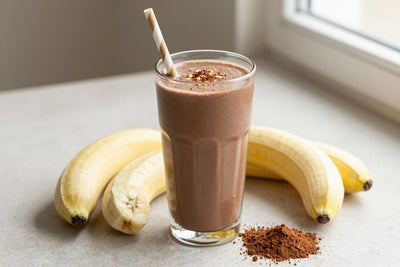 A tall glass of thick, creamy chocolate peanut butter protein shake with a straw, a few of its fresh ingredients beside it