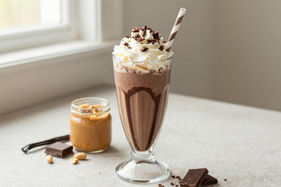 Chocolate Peanut Candy Milkshake in a glass