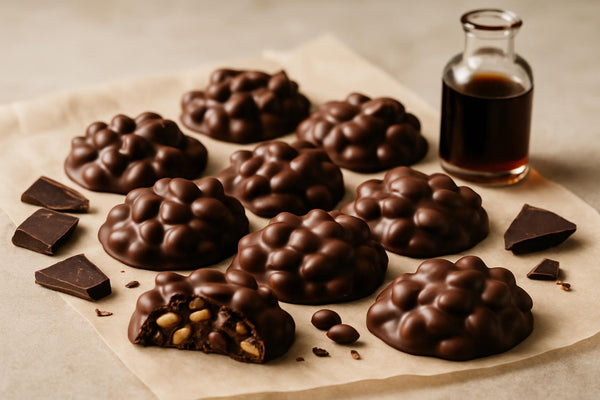Homemade chocolate peanut clusters on parchment