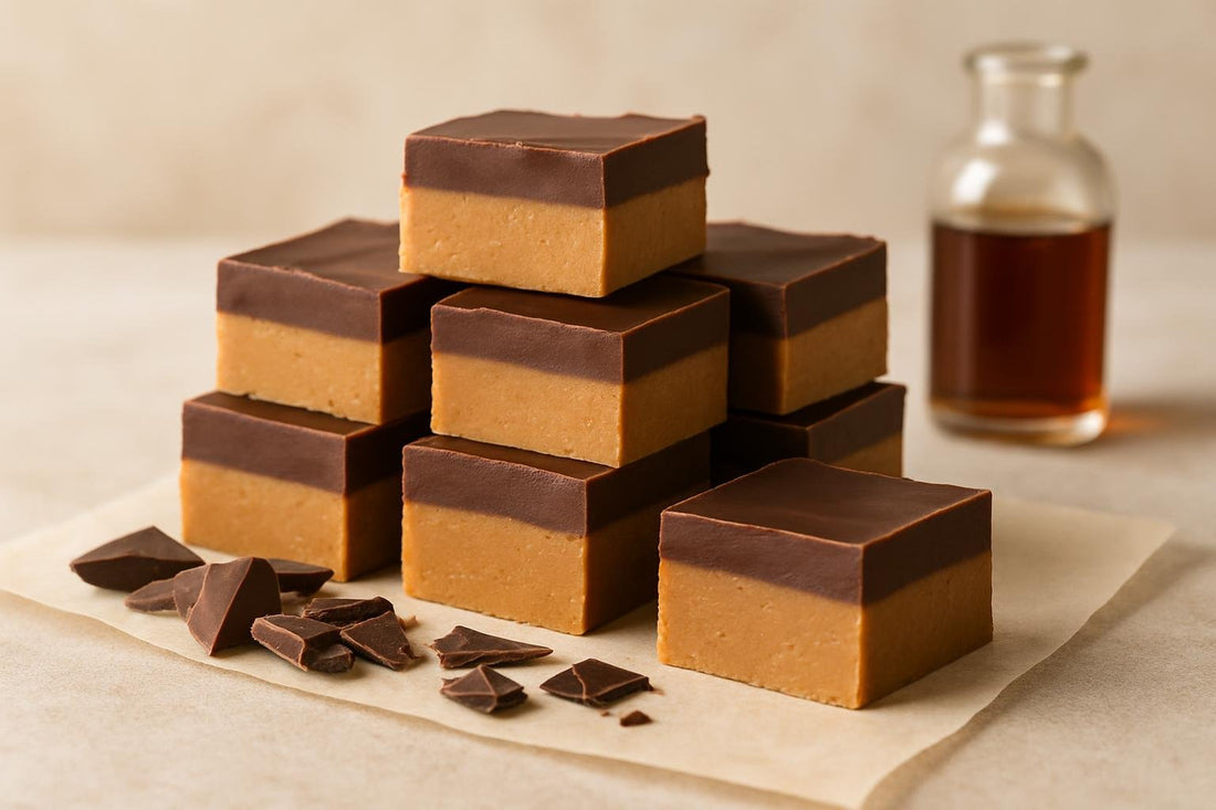 Squares of chocolate peanut fudge on parchment