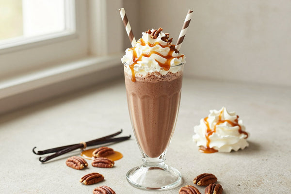 Chocolate Pecan Caramel Milkshake in a glass
