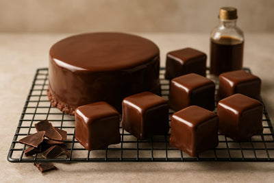 Cake coated in glossy chocolate petit four icing