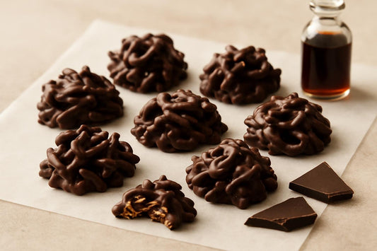 Homemade chocolate pretzel clusters on parchment