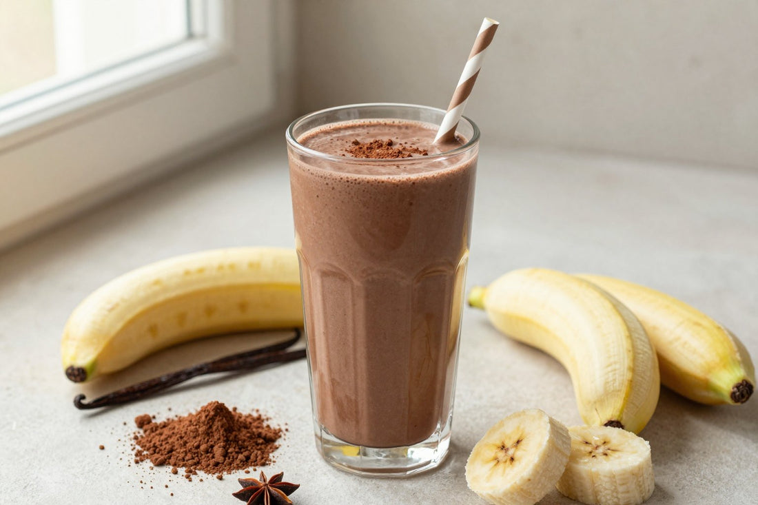 A tall glass of thick, creamy chocolate protein shake with a straw, a few of its fresh ingredients beside it