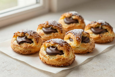 Chocolate puff twists on parchment, showing crisp, flaky, deep golden layers