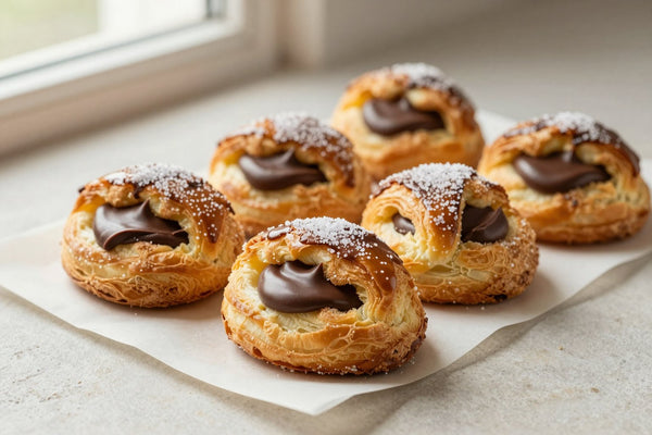 Chocolate puff twists on parchment, showing crisp, flaky, deep golden layers
