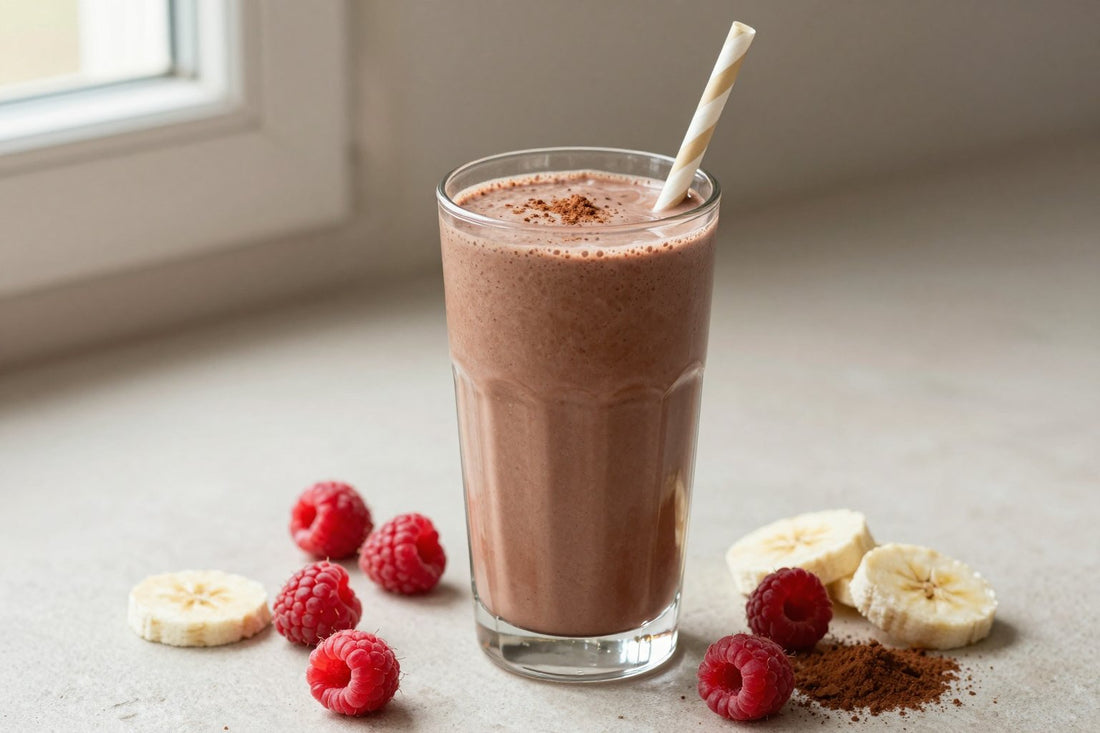 A tall glass of thick, creamy chocolate raspberry protein shake with a straw, a few of its fresh ingredients beside it