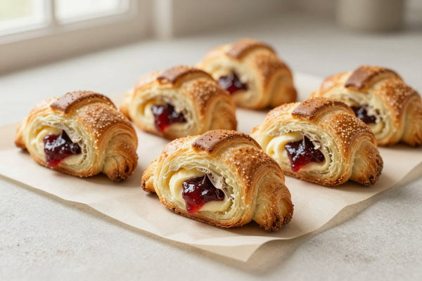 Crescent-shaped chocolate raspberry rugelach on parchment, the filling spiraled inside